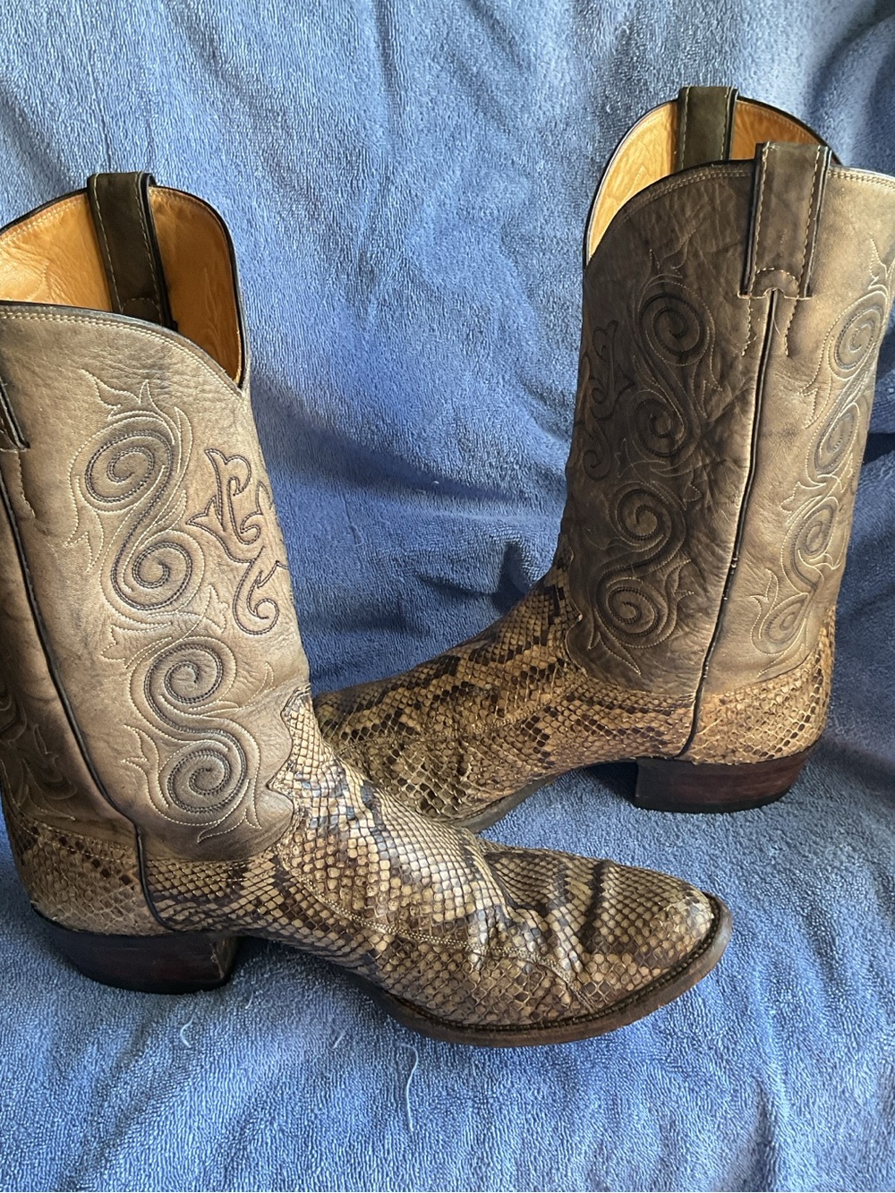 Justin Vintage Tan/Brown Genuine Python Snakeskin-Leather Cowboy Boots 13B Men's - Picture 4 of 10